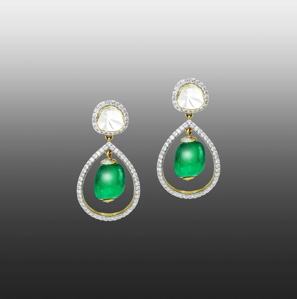 Polki Teardrop Earrings with Emerald Center and Diamond Halo